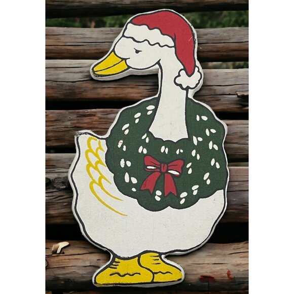 Christmas Goose Refrigerator Magnet Vintage Green Wreath Red Hat - Picture 1 of 6